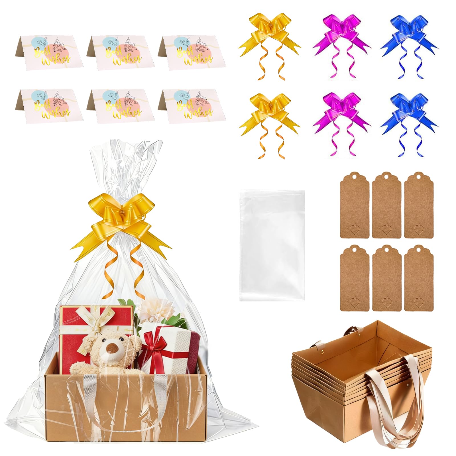 30pcs Empty Gift Hamper Baskets Set, Large Kraft Hamper Basket Kit with Cellophane & Bows, Create Your Own Gift Baskets for Birthday, Christmas, Wedding