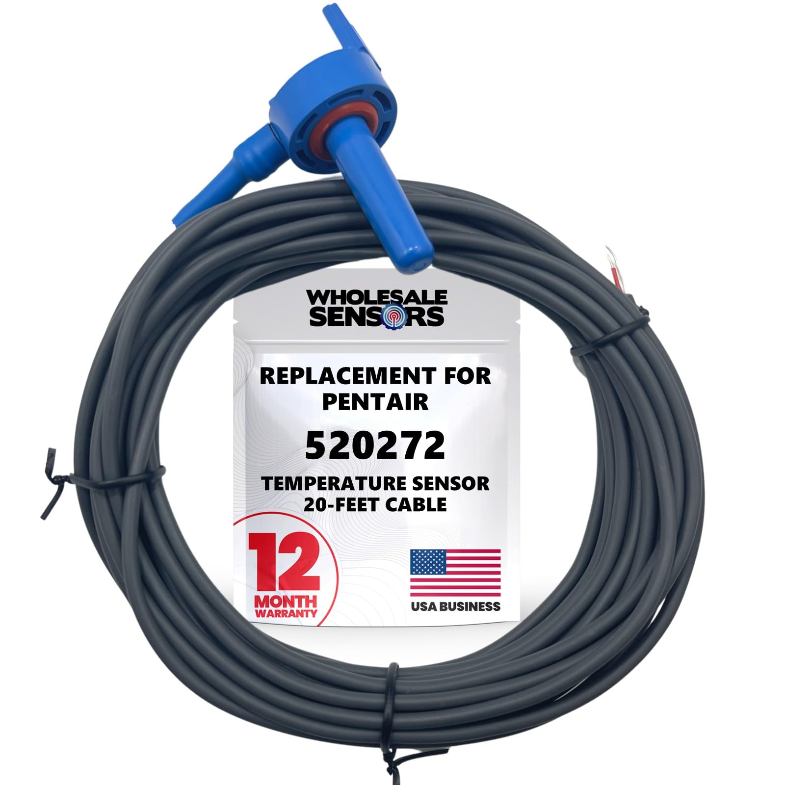 Replacement Pentair 520272 Air/Water/Solar Temperature Sensor, 20-Feet Cable for Pool/Spa 12 Month Warranty