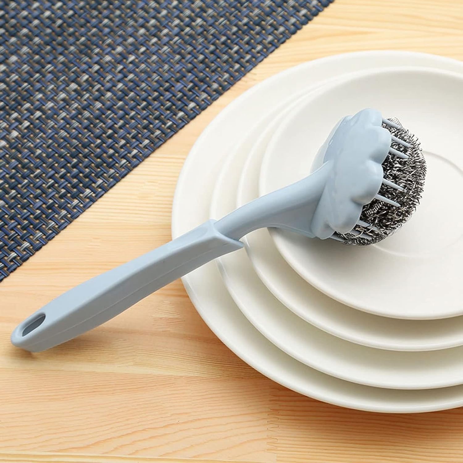 XTYPE Stainless Steel Wire Ball Brush with Long Handle Kitchen Hanging Cleaning Brush pan Kitchen Dish Handle Washing Tool (Color : Yellow)