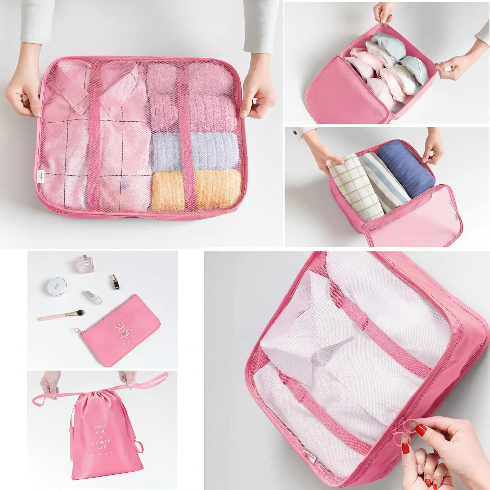 LANSKLBD 6/8 Set Packing Cubes for Suitcases Travel Luggage Packing Organizers,Travel Accessories Essentials Luggage Organizer with Shoe/Tioletry/Laundry Bag (Pink, 6 set) view 4