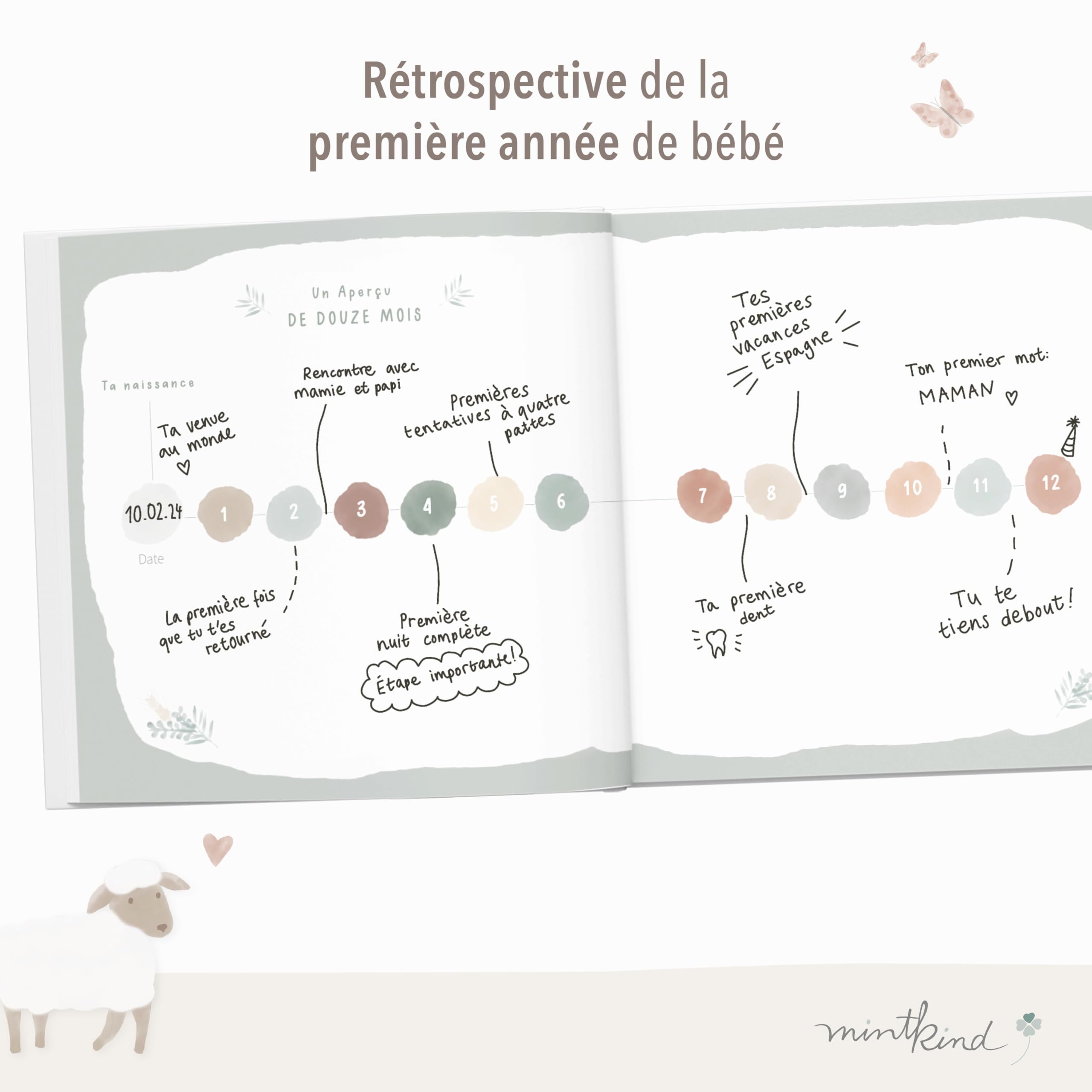 Livre naissance bébé mintkind® "Ma première année" forêt | Livre de naissance personnalisé | Cadeau nouveau-né pour fille et garçon | Journal de naissance à partir de 0 mois | Album de naissance