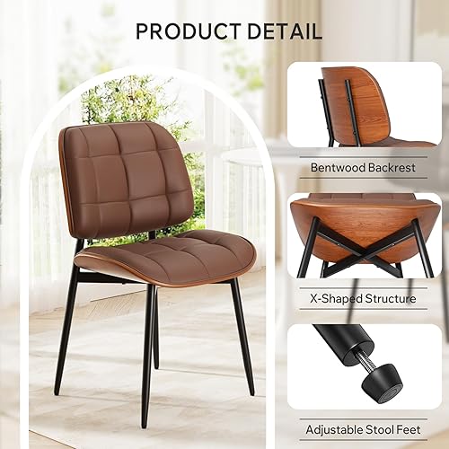 Miniatura 4 de Juego de 2 sillas de comedor, modernas de mediados de siglo, sillas de cocina tapizadas de piel sintética con cojín grueso y respaldo de madera