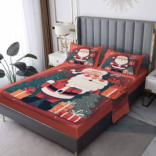 Miniatura 1 de Sábanas de Navidad tamaño Queen  Sábanas de cama de Papá Noel, microfibra suave, bolsillo profundo, sábanas y fundas de almohada con patrón sin