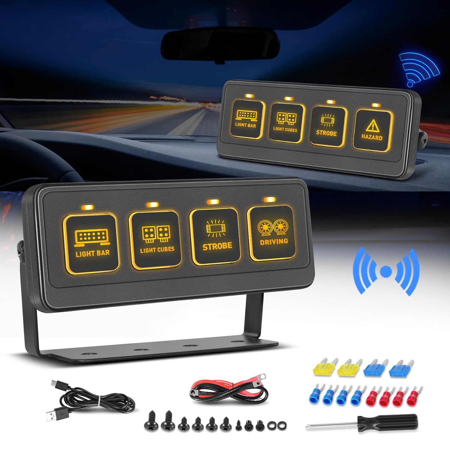 Wireless 4 Gang Switch Panel, Niking Auto Multifunction Offroad LED Switch Pods with Toggle Pulse Auxiliary Universal Circuit Control 12V Relay System Control Box for Trucks SUV UTV Car Boat RV Marine