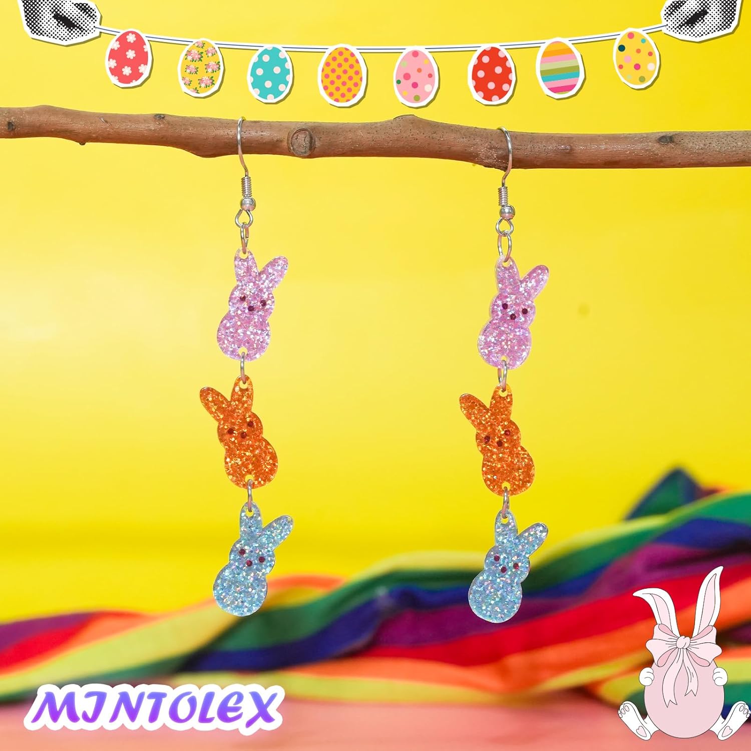 Easter Bunny Earrings for Women Glitter Triple Acrylic Rabbit Drop Dangle Earrings Colorful Easter Jewelry Gifts for Spring Party - Image 6