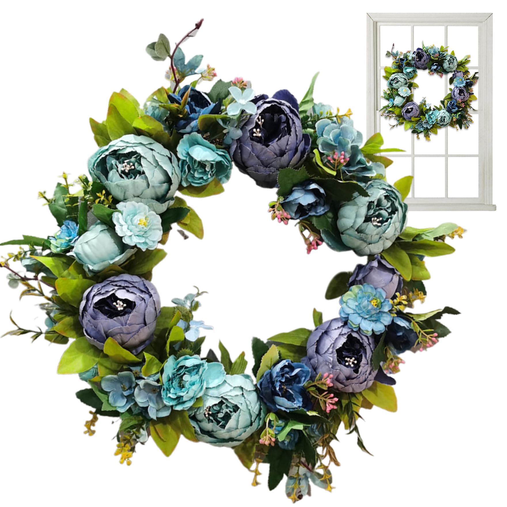 Ghirlanda di fiori artificiali di peonia blu da 16 pollici per decorazioni di nozze primaverili per la porta d'ingresso