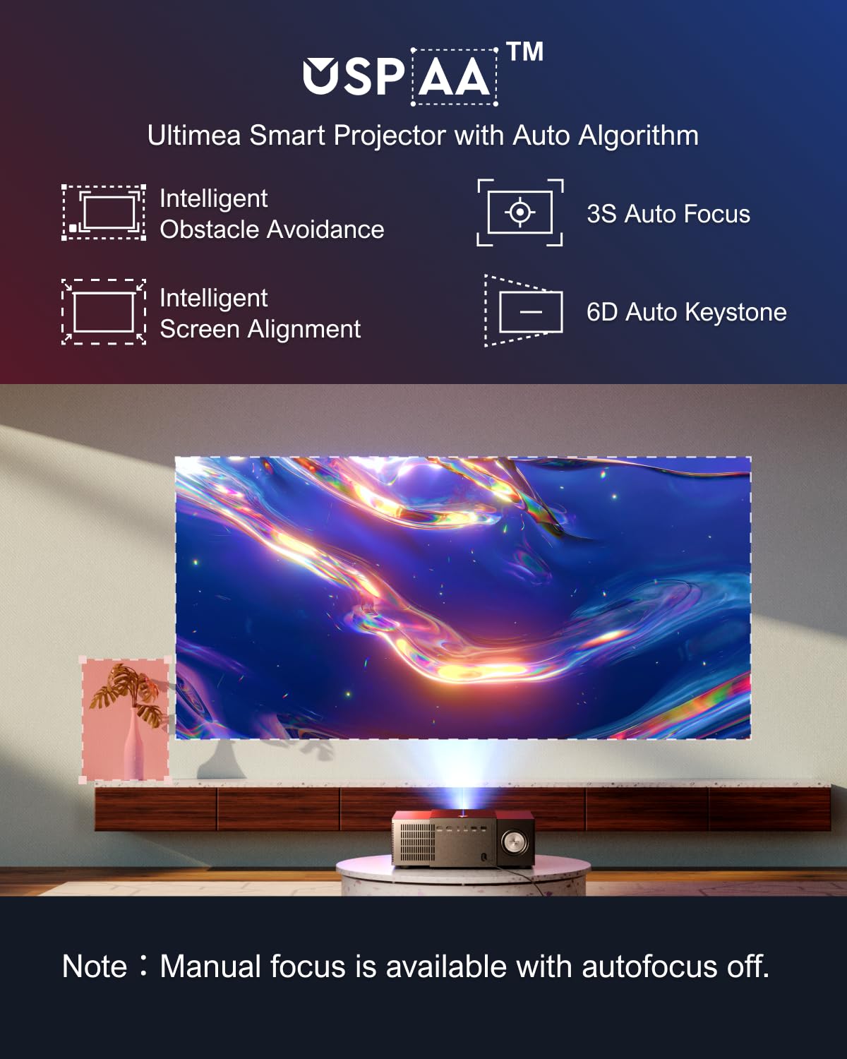 ULTIMEA Projektor 4K, obsługiwany z funkcją Auto Focus/Keystone 6D, projektor 1080P rodzimego kina domowego z 900 ANSI, unikanie obiektów, projektor WiFi 6 Bluetooth dla iOS/Android/TV Stick