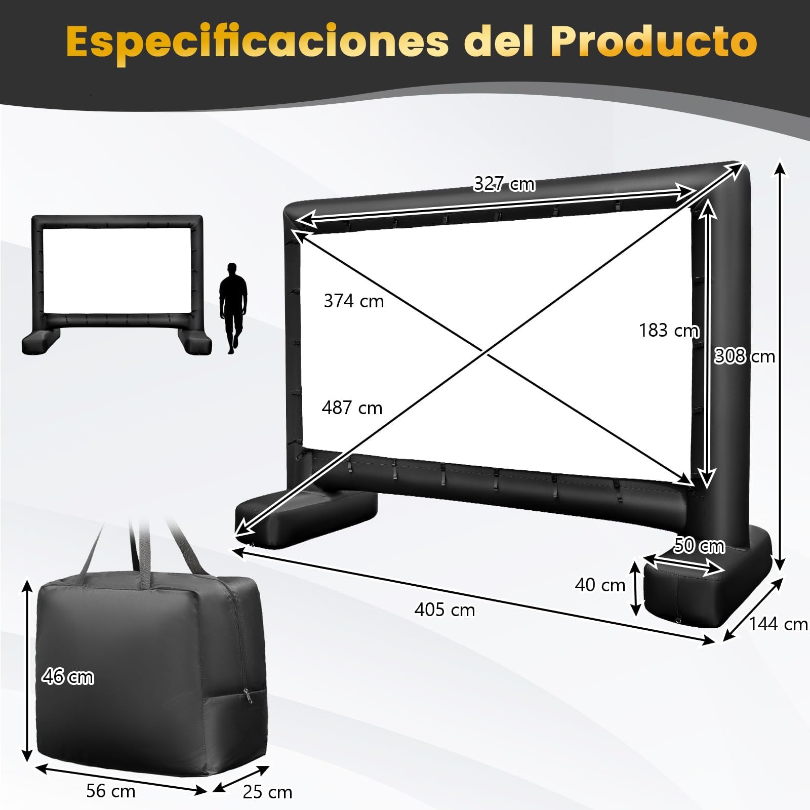 COSTWAY Pantalla Inflable para Proyector 16:9 327x183 cm Soplador de Aire Proyección Frontal y Trasera Exterior