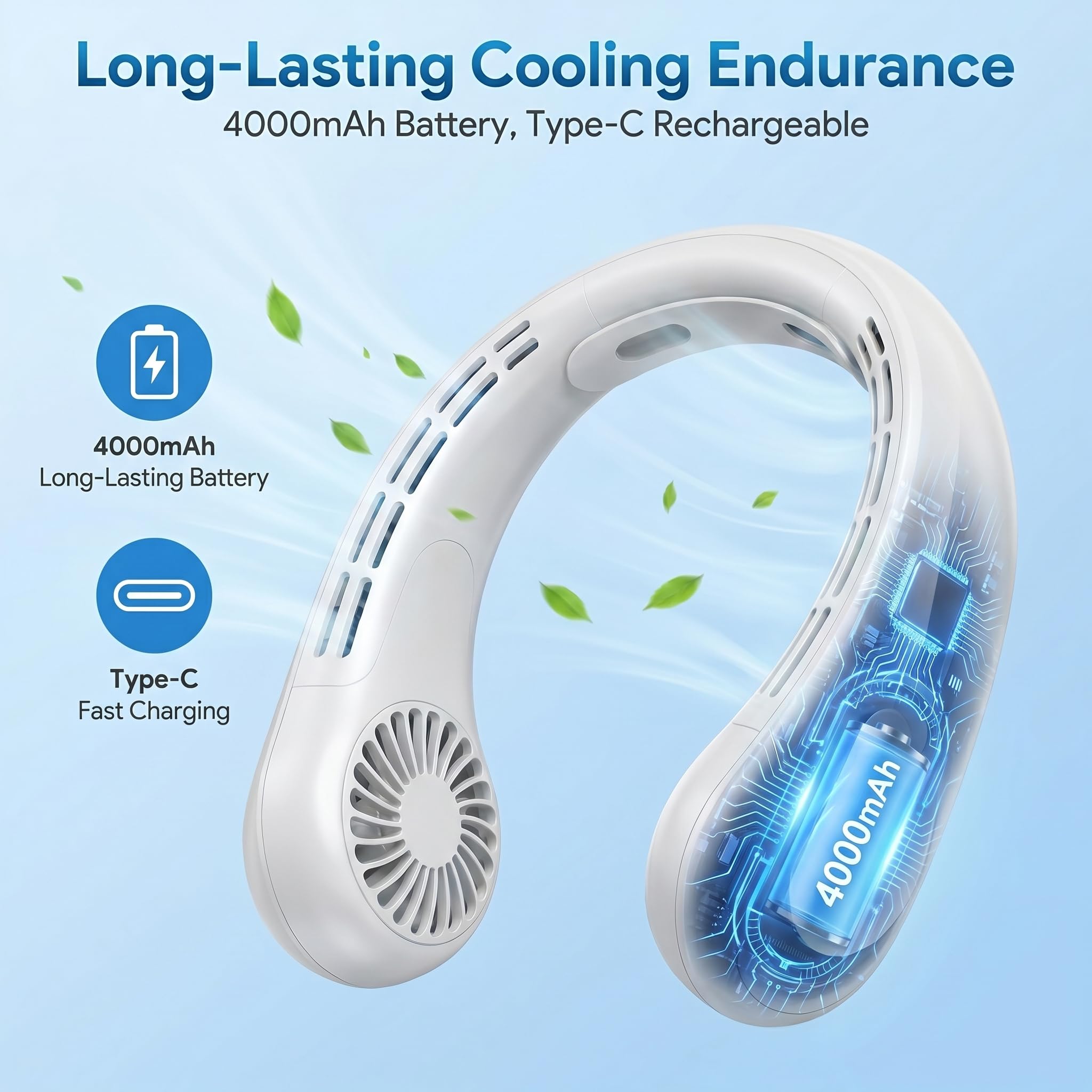 TREDY Ventilatore da collo portatile ricaricabile, 4000 mAh, a batteria, indossabile, ventilatore personale, 5 velocità, ventola di raffreddamento senza pale, silenziosa, per viaggi, all'aperto