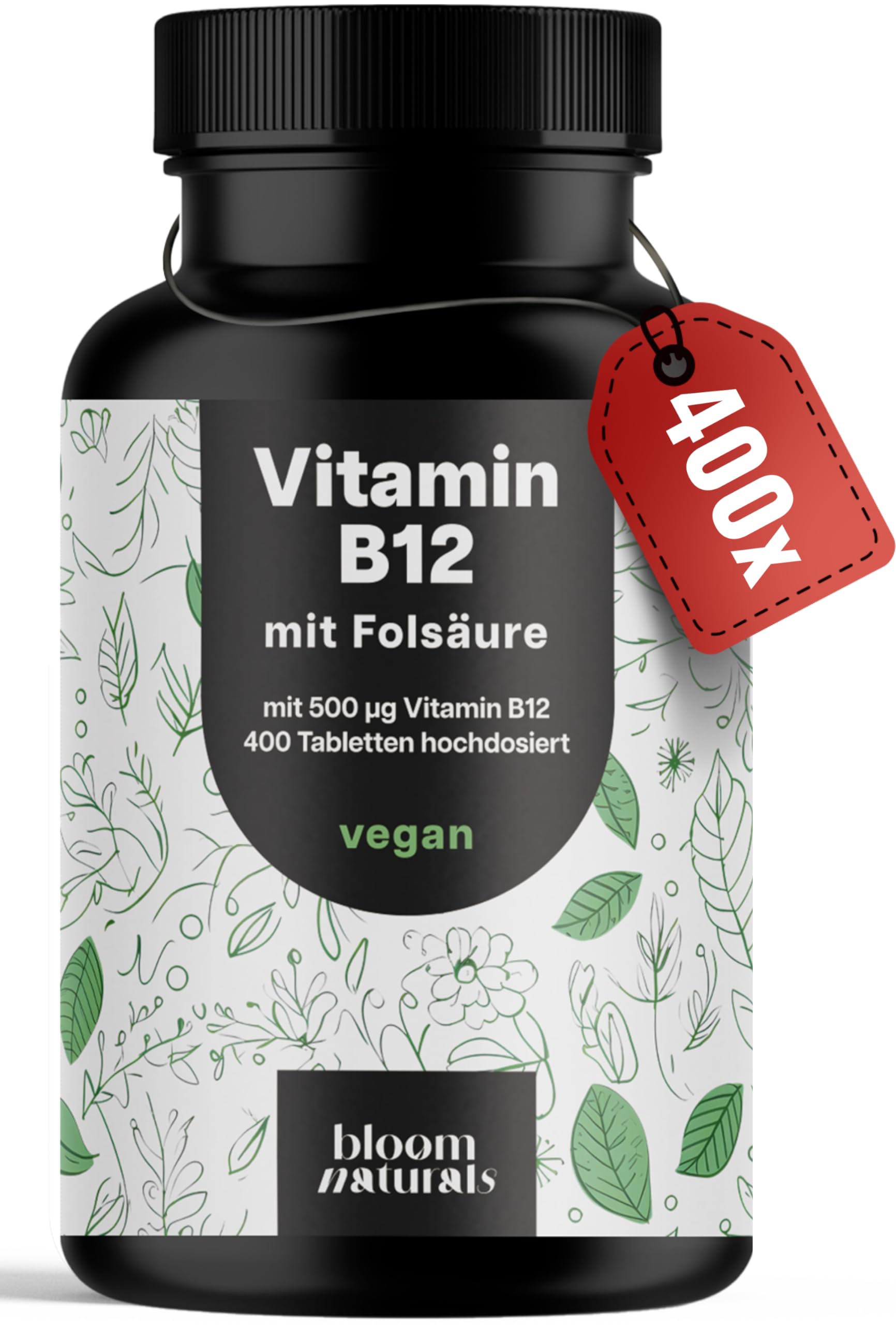 Vitamin B12 hochdosiert - 400 Tabletten mit 500µg Vit B12 + 200µg Folsäure - zertifiziert Laborgeprüft - Vegan & Produziert in Deutschland - Verpackung kann variieren