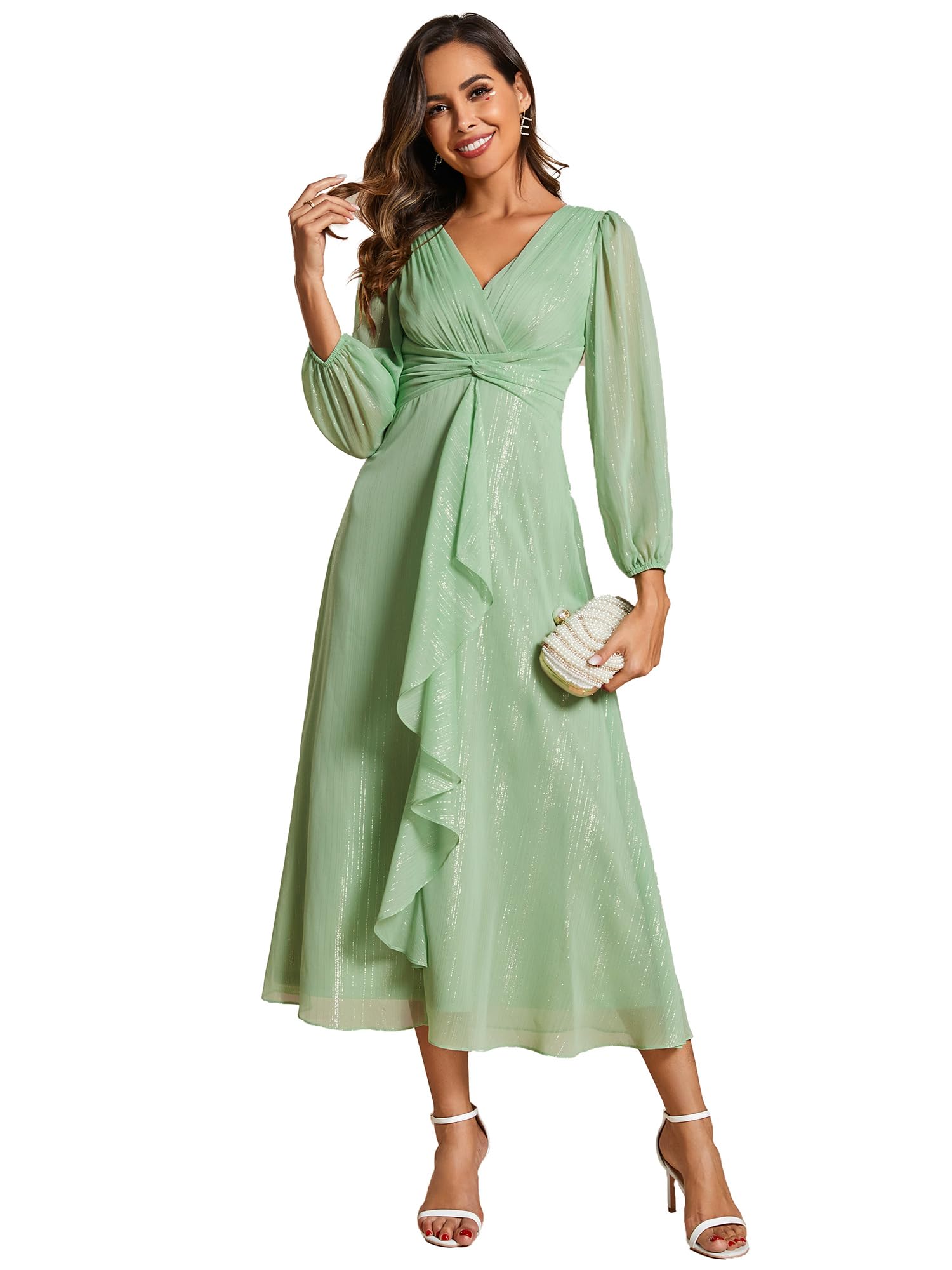Ever-Pretty Vestido de Invitado de Boda Manga Larga Escote en V A Line Chic EE01977-P