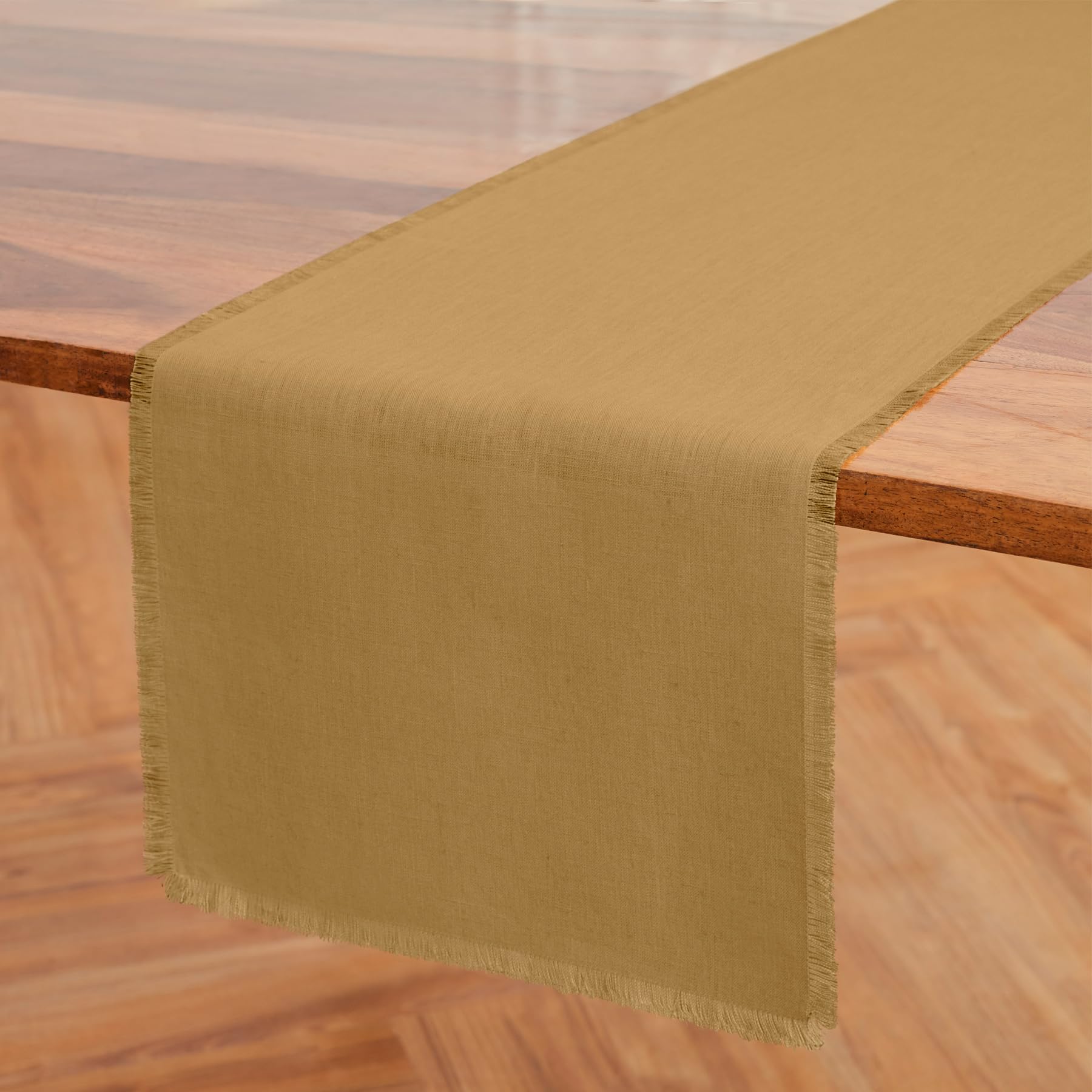 Solino Home Fringe Linen Table Runner 108 Inches Long - 100% Pure Linen Camel Dining Table Runner 14 x 108 Inch for Mothers Day
