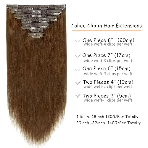 Miniatura 2 de Caliee Extensiones de cabello humano con broches, 20 pulgadas, extensiones de cabello castaño chocolate con clip, doble trama de encaje, 7 piezas de