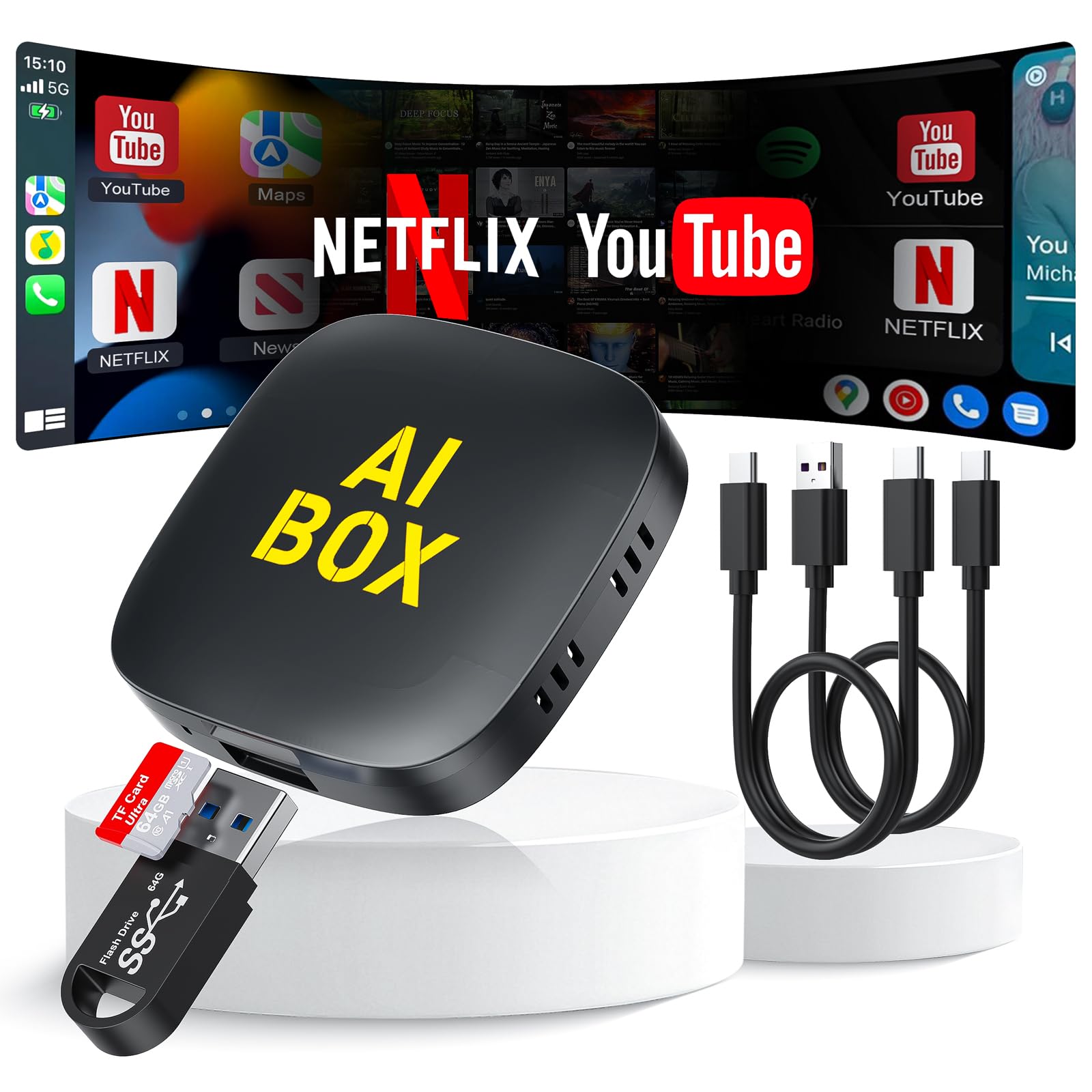 5in1 Wireless CarPlay& Android Auto Adapter mit Unterstützung für Netflix/YouTube,carPlay AI Box Convert Car Play Dongle TF Karte/USB Stick Magic Link für für iOS 10+/Android 11+ & Autos ab 2016