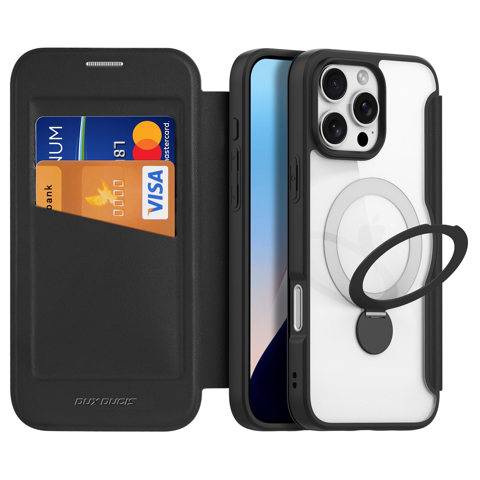 Étui portefeuille iPhone 16 Pro Max noir protection cuir support magnétique - 8