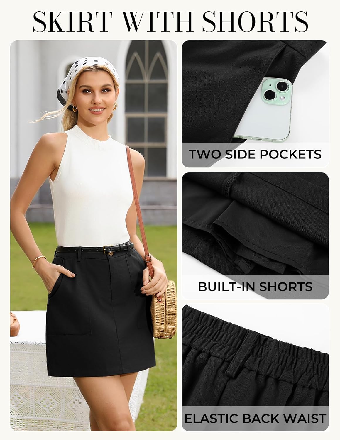 Kate Kasin Women's Linen Mini Skirt Skorts with Pockets, High Waisted A Line Skirt, Summer Skirts with Shorts Underneath - Image 3