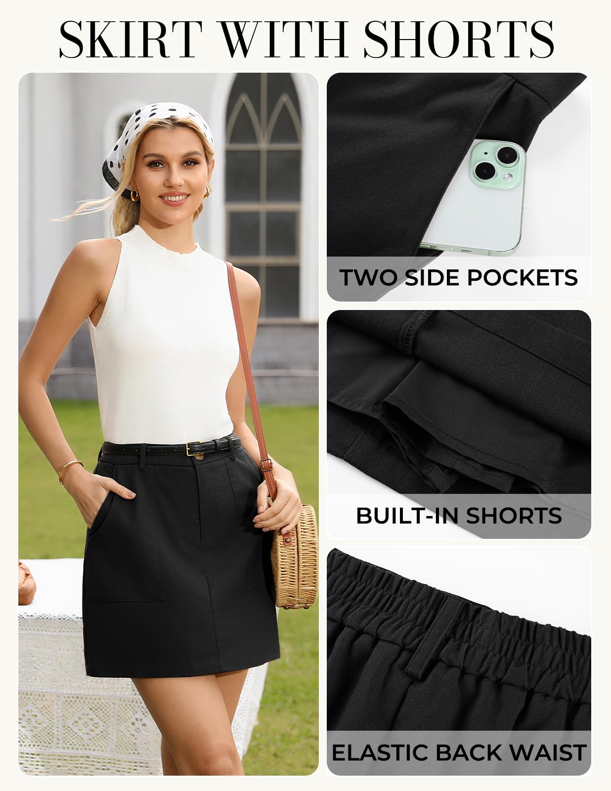 Kate Kasin Minigonna Estiva da Donna in Lino, con Elastico in Vita, Gonna Corta Casual con Tasca, Nero, M