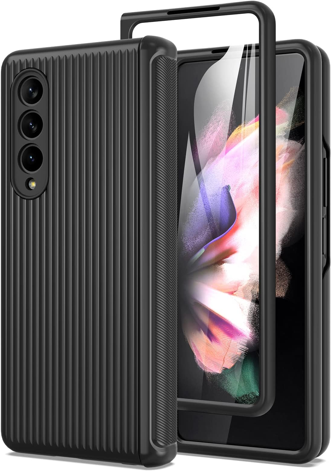 MAKAVOfor Samsung Galaxy Z Fold 3 5G Case with Hinge Protection, Built-in Tempered Glass Screen Protector, Slim Fit 3D Non-Slip Texture 360 Degree Shockproof Phone Cover (Black)