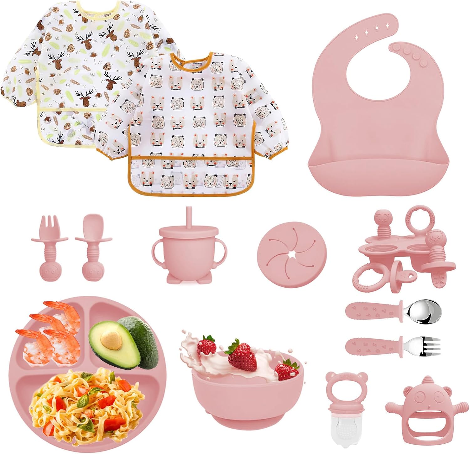 Vajilla Bebe Silicona, 14 Piezas Vajilla de Silicona para Bebés Antideslizante, Cubiertos Bebe para comer destete con Plato Cuenco Babero Taza Mordedor Fruta Bebe, Sin BPA (Rosa claro)