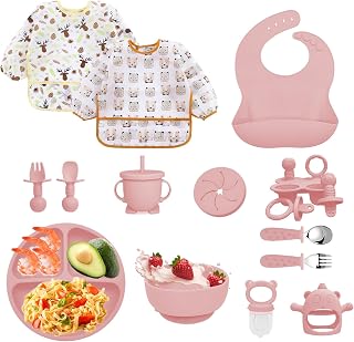 Silikon Baby Geschirrset, 14-teilig Kindergeschirr, Baby Weaning Besteck Set, Rutschfest,Teller, Schüssel,Gabel,Fruchtsauger, Babybrei Einfrieren Behälter, Beißring Baby, BPA Frei (Hellrosa)