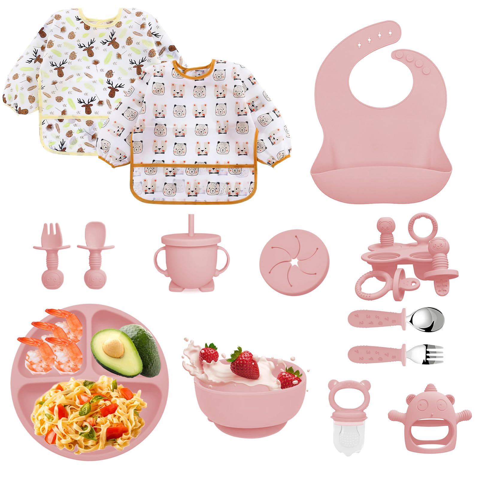 Coffret Repas Bebe 14 pièces,Vaisselle Antiderapant pour Bébé Set Silicone avec Ventouse Assiette Bol Cuillère et Bavoir,Sans BPA,Enfant Set Couverts Vaisselle Pour Sevrage Manger (Rose clair)