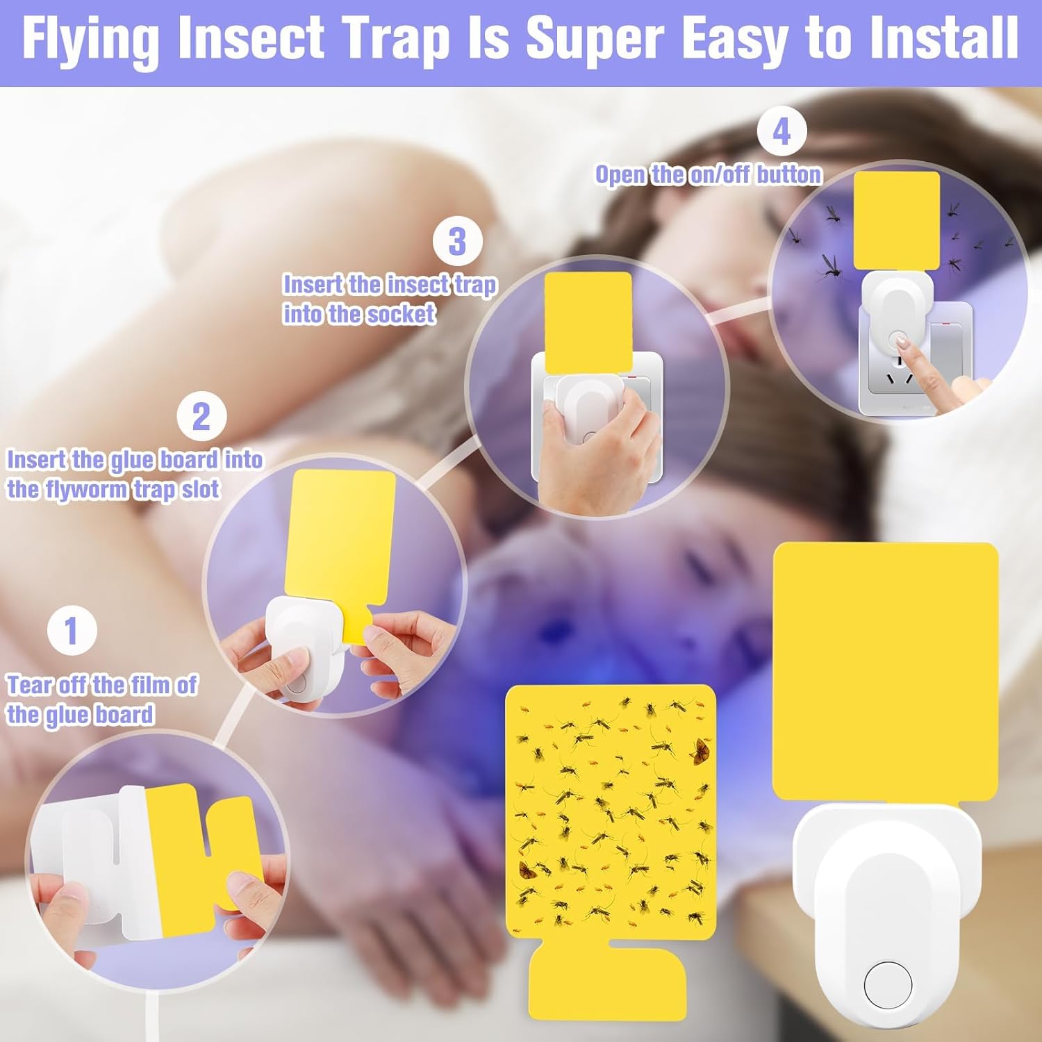 Flying Insect Trap Plug-in, Indoor Mosquito & Gnat Killer, Safe Non-Toxic UV Light Fly Catcher, Night Light Bug Trap with Sticky Pad for Flies, Gnats, Moths (2 Pack, Bright White)