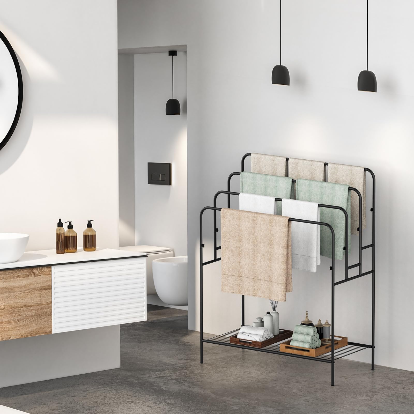 Porte-serviettes autoportant pour salle de bain, support de courtepointe pour salon, piscine extérieure, séchage de serviettes pour salle de bain, support d'échelle à 4 niveaux pour serviette de bain