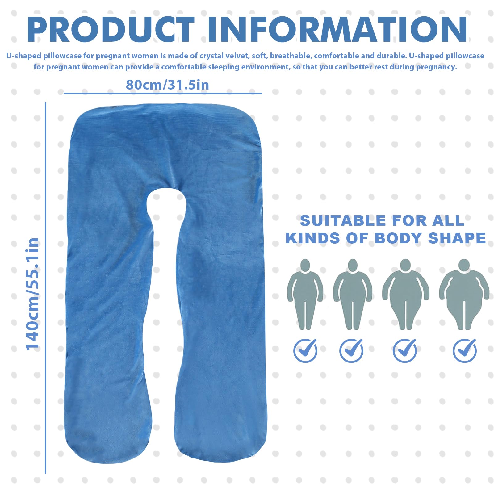Funda de almohada de embarazo, en forma de U, funda de almohada para el cuerpo, funda de repuesto para cojín de lactancia, cojín cómodo, lavable a máquina, 140 x 80 cm, azul oscuro