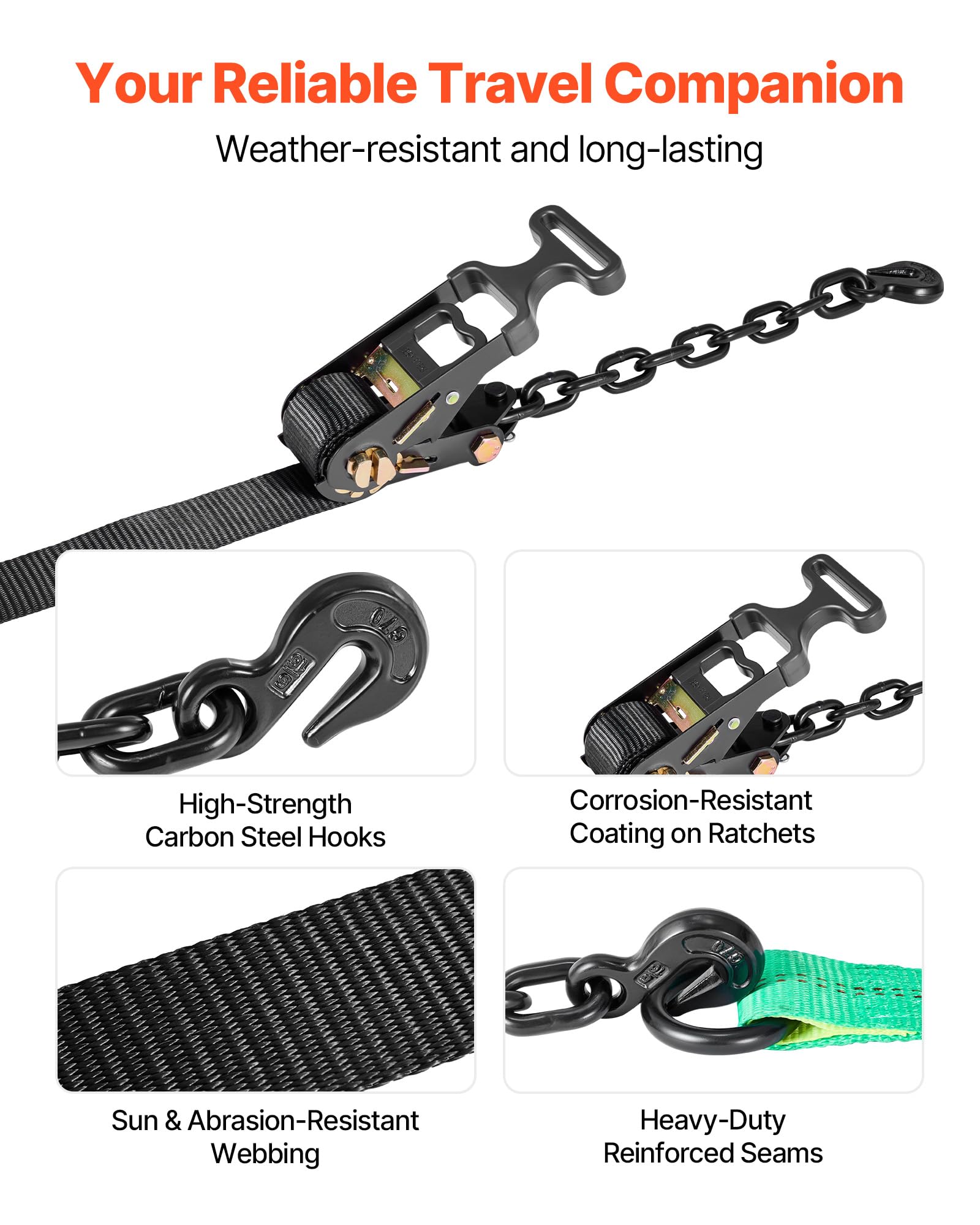 VEVOR Cinghie di Fissaggio per Pneumatici 50,8 x 3048 mm con Ganci per Impieghi Gravosi Resistenza alla Trazione di 4540 kg Capacità di Carico di 1512 kg, Cinghie di Tensionamento per SUV Rimorchi