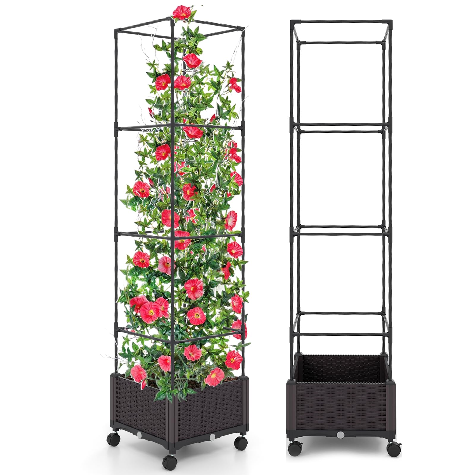 COSTWAY Rankhilfe mit Blumenkasten auf Rollen, Garten Obelisk höhenverstellbar, beschichtetes Metall & PP, Rankgitter mit Pflanzkasten & Selbstbewässerung, für Blumen Kletterpflanzen, 40x40x170cm