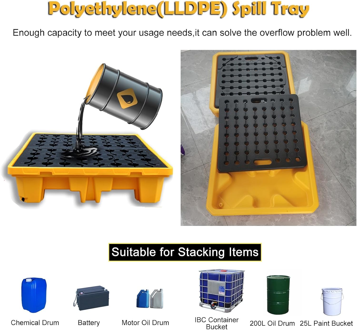 Stackable Drum Spill Containment Tray 26.8"x26.8"x4", 5.3 Gallon Sump, Heavy-Duty Grating for Industrial Double Barrel Storage, Ideal for Warehouses and Safety Compliance