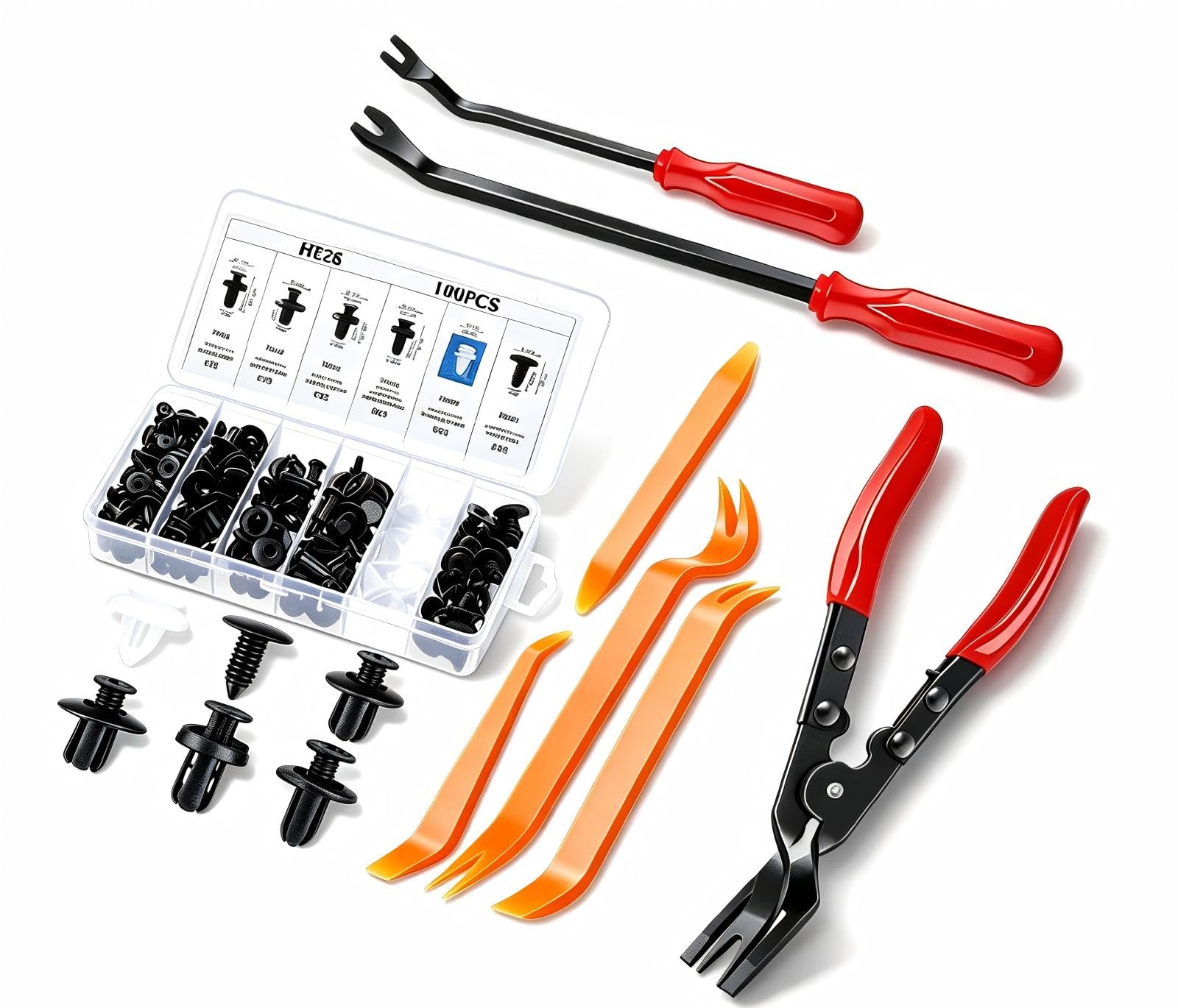 Car Trim Removal Tool Kit – 3 Pcs Trim Removal Tool & Car Clip Pliers, 100 Pcs Plastic Trim Removal Tool Set with Auto Fasteners for Door Panel, Bumper, Dashboard Repair