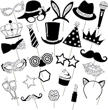 24 Pcs Photo Booth Props for Party Birthday Wedding Ball Disco Mardi Gras | Mix of Hats Lipstick Tie Crowns (Silver)