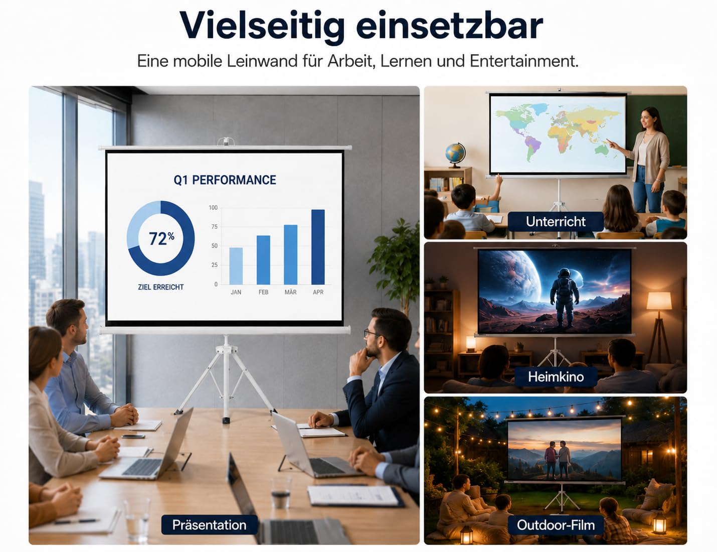 Beamer Leinwand mit Stativ,Tragbare Leinwand Beamer Outdoor 100 Zoll,Format 16:9 HD Faltbare mit Tragetasche für Haus Hinterhof Theater Nächte