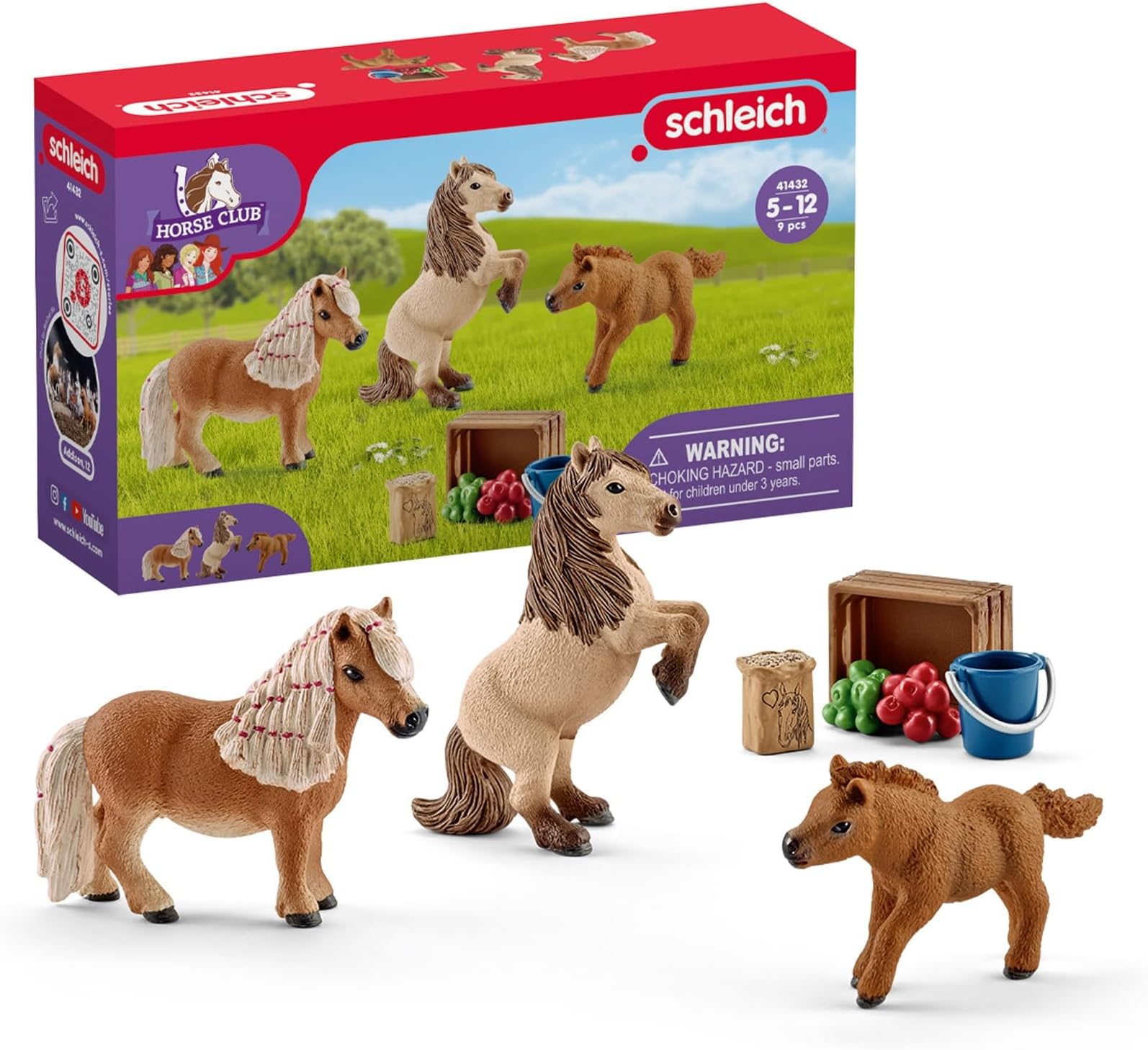SCHLEICH HORSE CLUB - 8 PC Miniature Shetland Pony Family Playset with 3 Horses and Accessories - Collectable Farm Animal Figurines - Realistic Mini Horse Toys for Girls and Boys - Kids Ages 5+