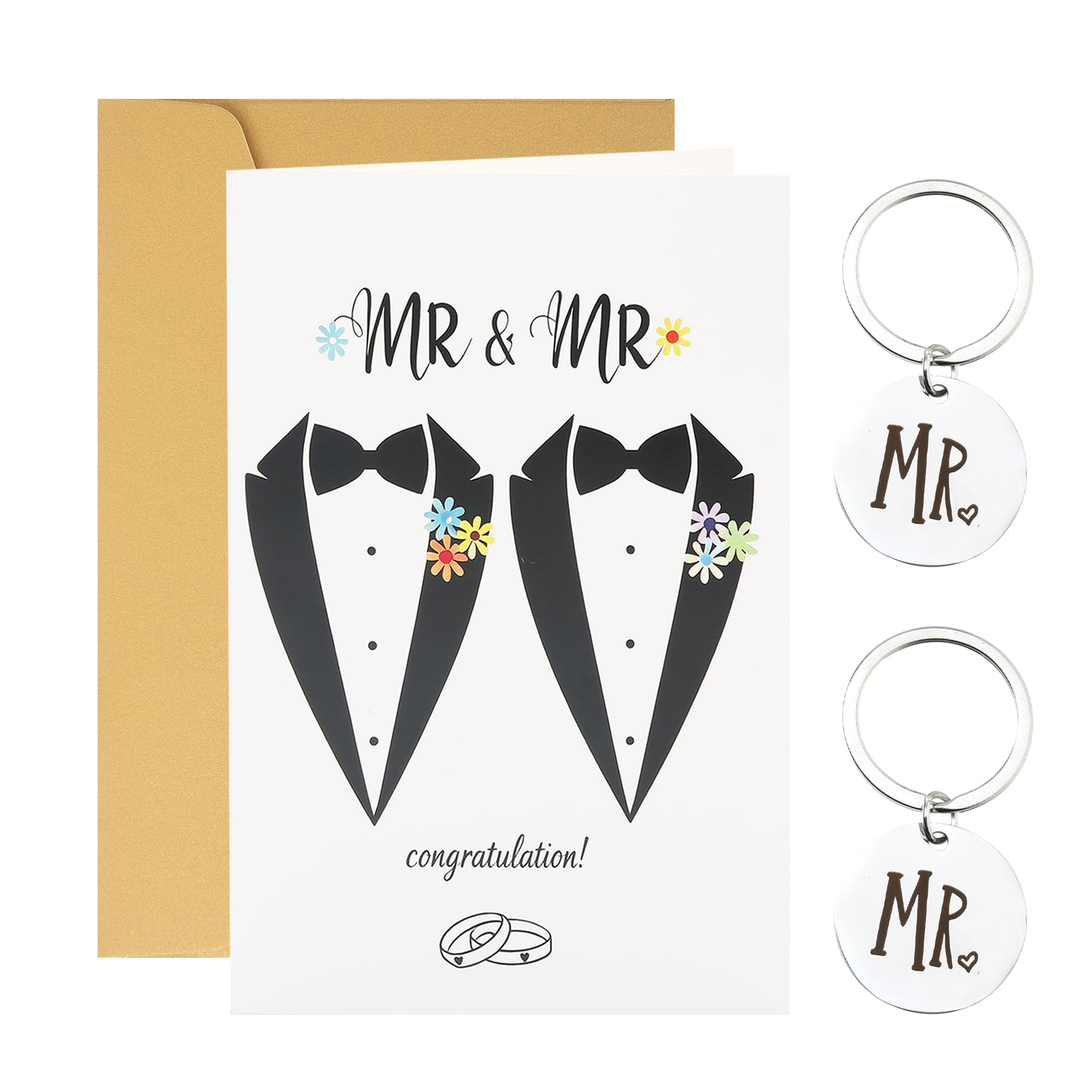 Wasise Mr and Mr Wedding Card - Gay Wedding Congratulations Card, Men Wedding Gifts, Wedding Card Gay, Weddings Cards for Two Men, Tie, Ring, Blank Inside with Envelope Comes with 2ps Keychain