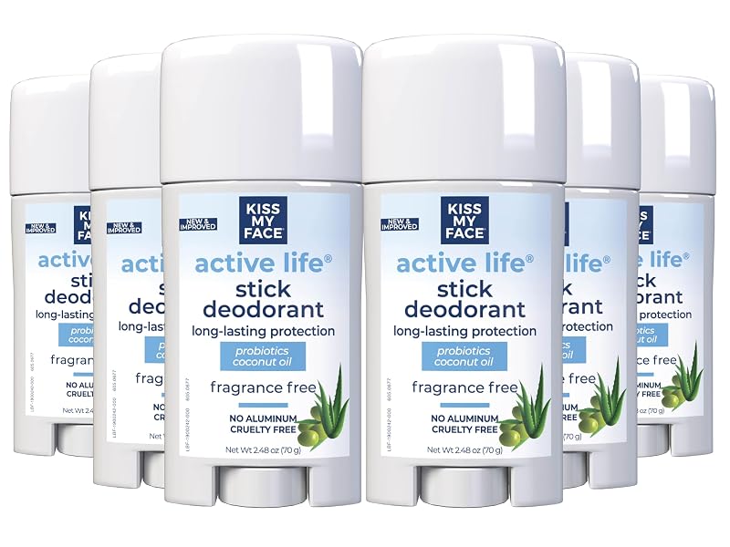 Desodorante sem fragrância Kiss My Face Active Life sem alumínio, com extratos vegetais, Pacote com 6