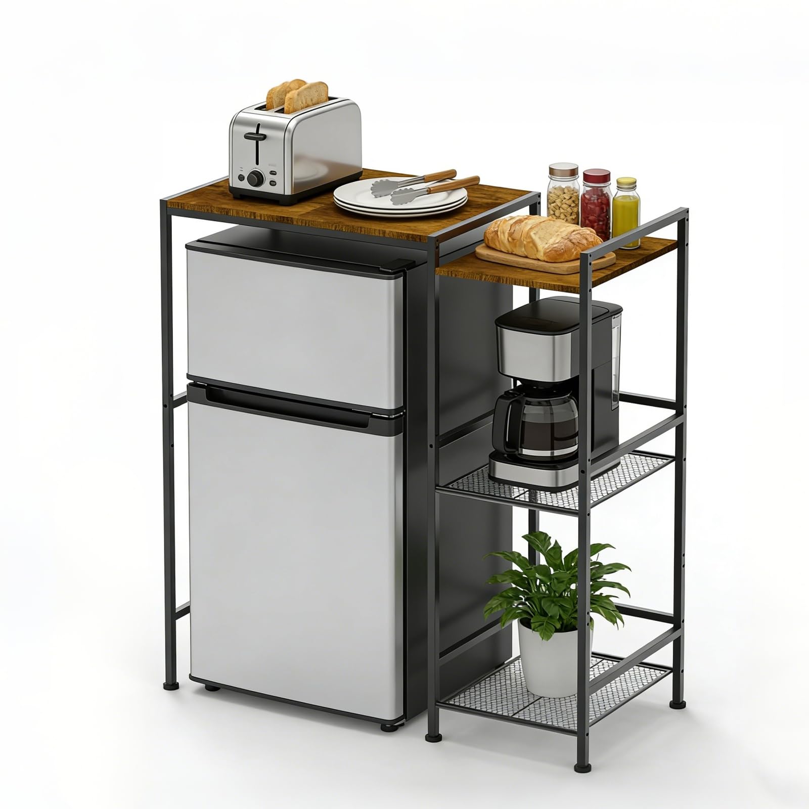 XUDREZ Soporte pequeño para nevera con estantes de almacenamiento, soporte ajustable para microondas, organizador de cocina multifuncional para tostadora, cafetera, estante de pie para hornear para el