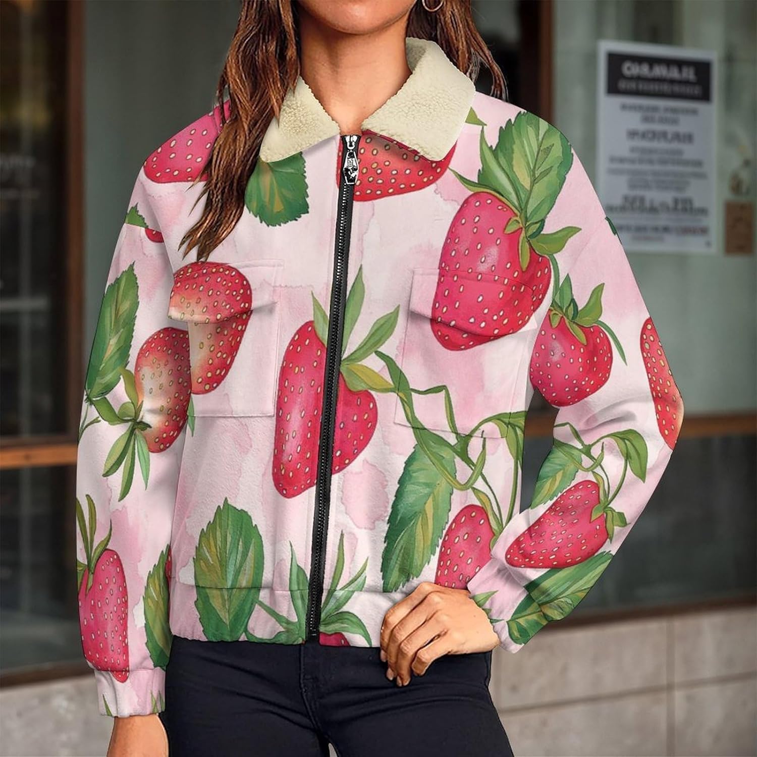 Women Winter Sherpa Lined Fleece Jacket, Long Sleeve Zip Up Strawberry fruit Cropped Coats Warm Soft Polar Outwear