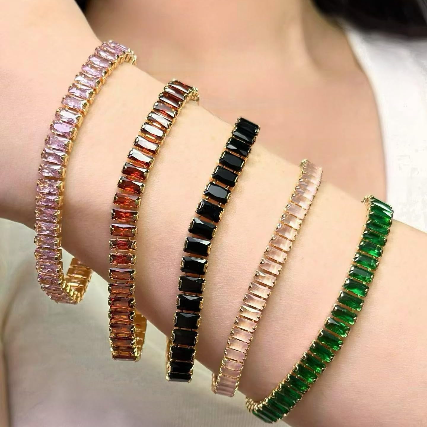 Baguette Tennis Bracelet for Women, 5mm Cubic Zirconia Bracelet | 14K Gold Plated, Multicolors Available, Stackable, Rectangle Crystal Prom Jewelry, Gift Box Included