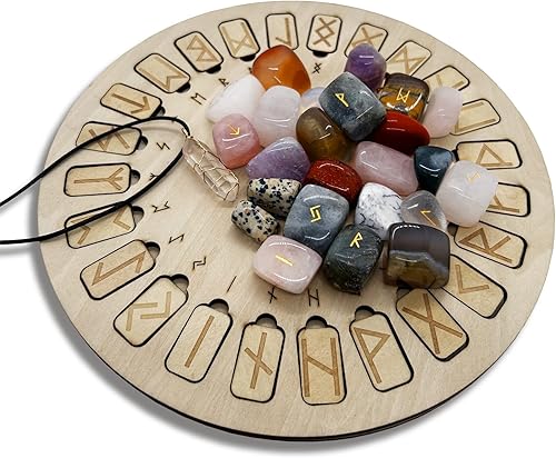 Miniatura 4 de Juego de piedras de runas, disco de madera con inscripción de vida eterna y runa de cristal de colores mixtos para meditación y curación de