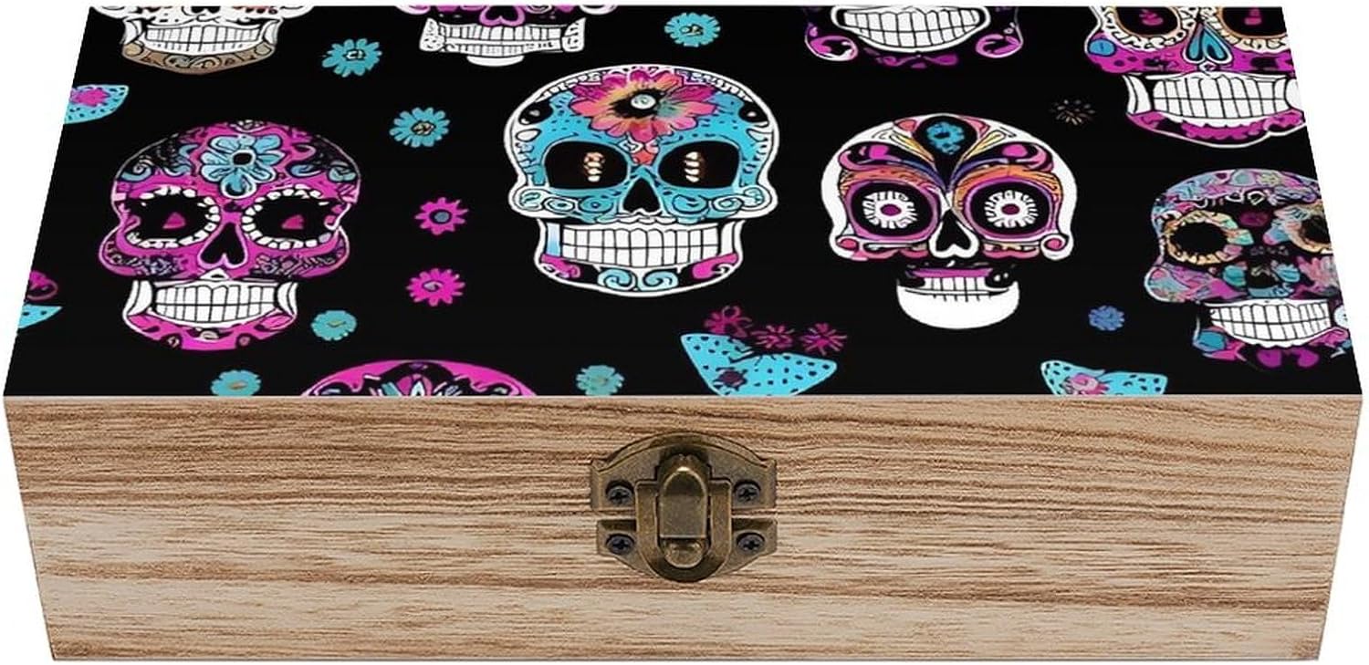 Colorful Skulls Print Wooden Keepsake Box Wooden Keepsake Memory Decorative Box for Him Her Wooden Crates Set for Photos Letters Crafts & Home Organization