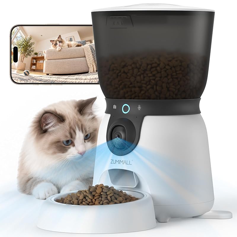 Comedouro Automático para Gatos ZUMIMALL com Câmera 2K, Wi-Fi e Reservatório de 4 L Branco