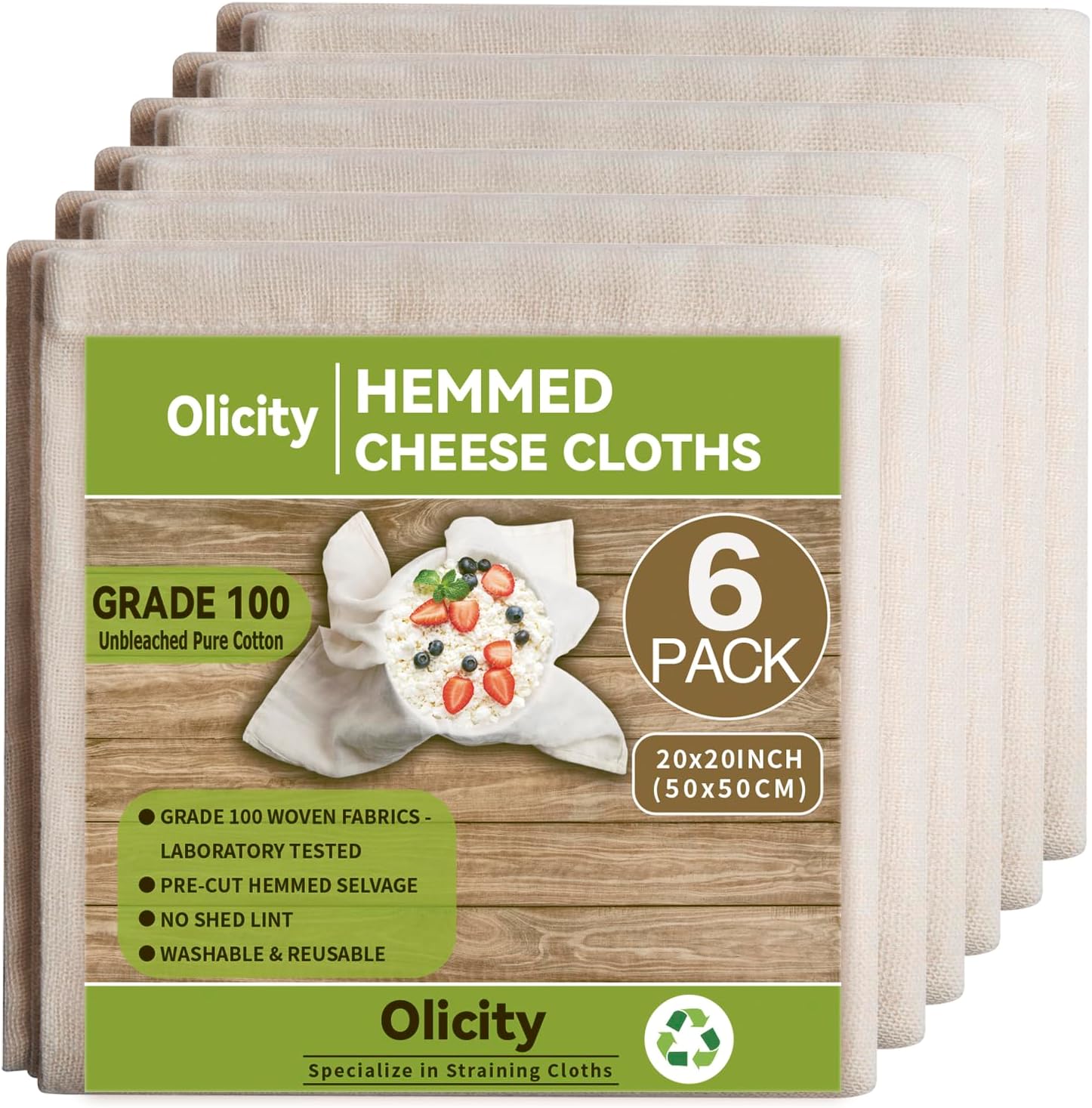 Olicity Cheese Cloths, 6PCS, Grade 100,20x20Inch Hemmed Cheese Cloth Fabric Reusable Fine Mesh Cloth, 100% Cotton Unbleached Precut Muslin Cheesecloth for Straining, Cooking, Yogurt, Juicing