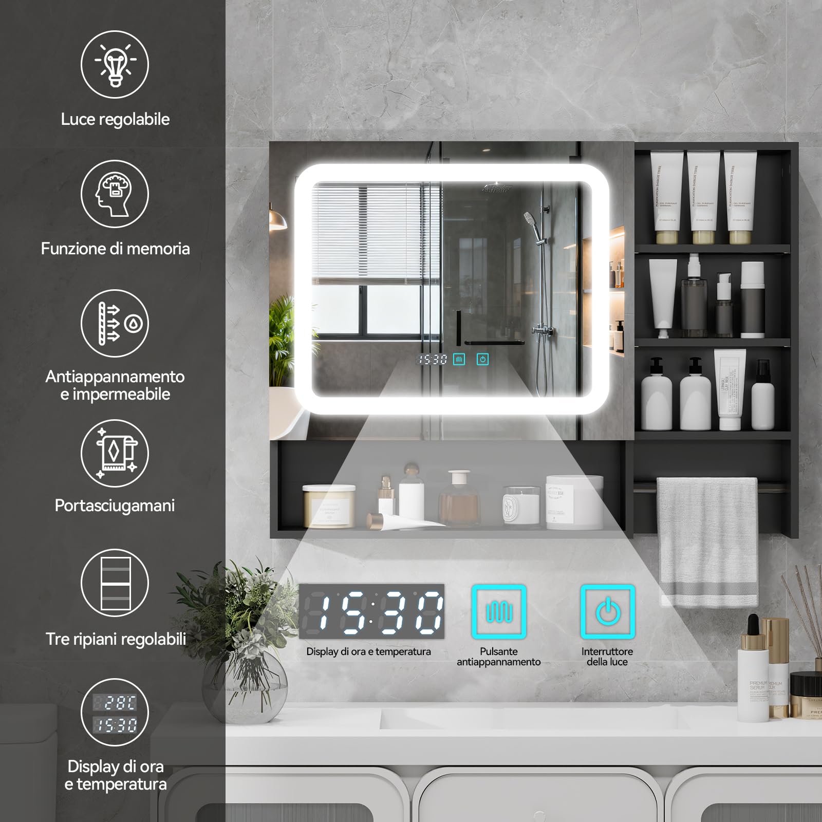 YU YUSING Specchio Contenitore Bagno con Luce LED e Portasciugamani, Nero
