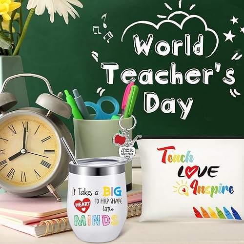 Miniatura 7 de Geiserailie Set de regalo de agradecimiento para profesores, vaso de vino, llavero para maestros, bolsas de maquillaje con caja