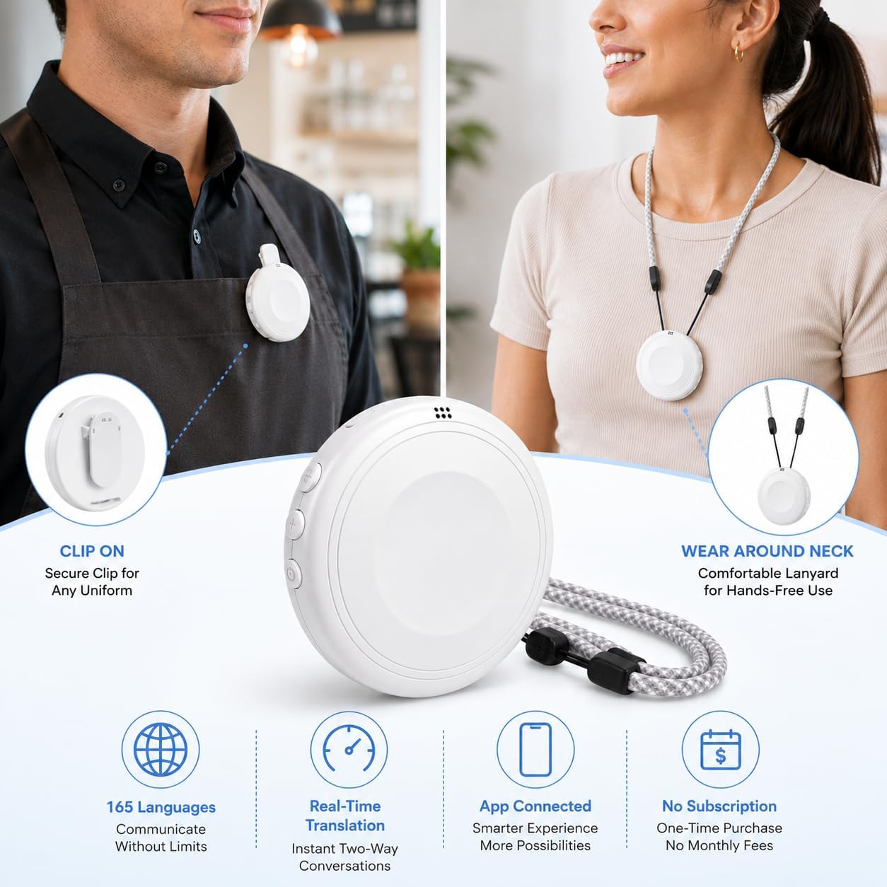AI Language Translator Device, 165 Languages, White