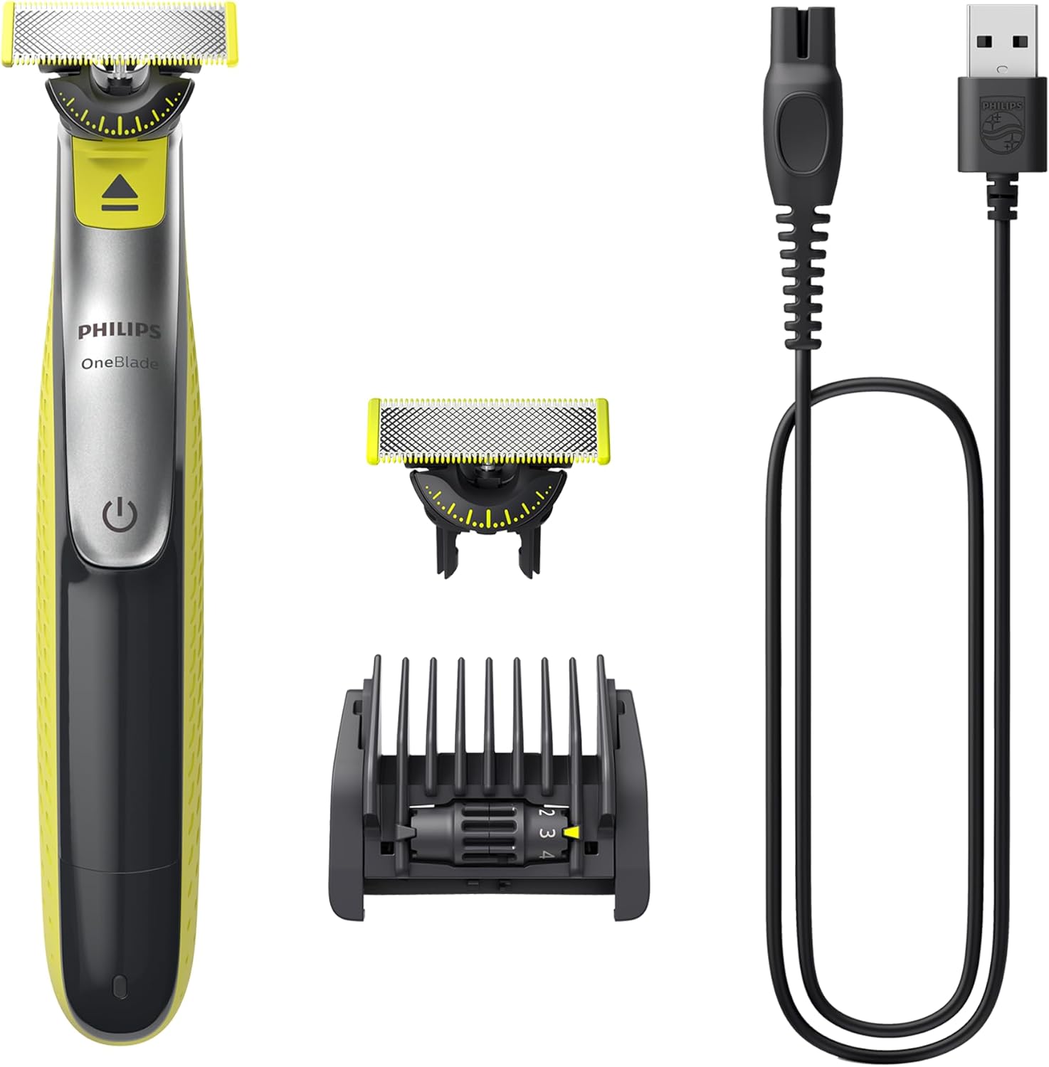 Contents of the Philips OneBlade 360 Face package including the device, two blades, a comb, and a USB charging cable.