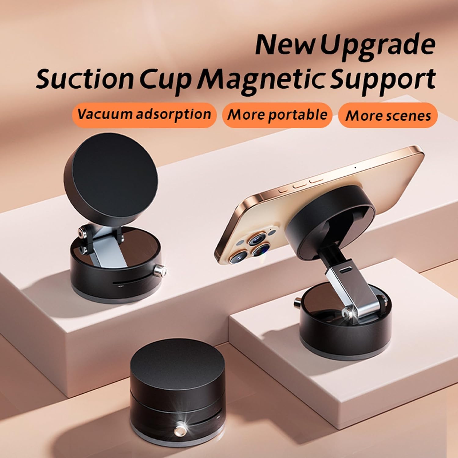 Vacuum Suction Magnetic Phone Holder, Foldable & Retractable Vacuum Magnetic Phone Stand Double-Sided Magnetic Car Phone Mount for All Phones Car/Mirror/Gym, Black