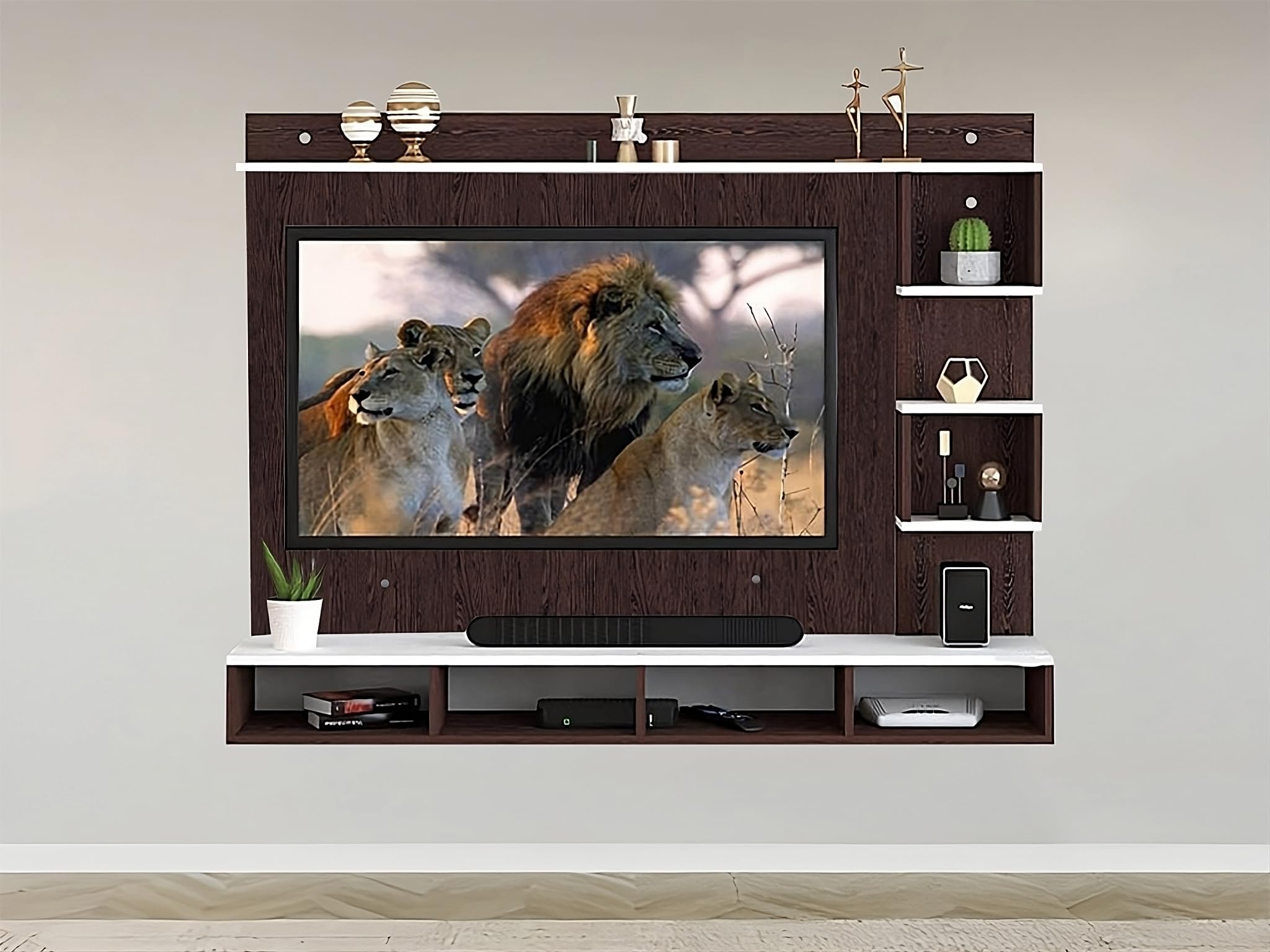 Engineered Wood Wall-Mount TV Unit with PVC Back Panel & LED Lights | TV Cabinet with Storage Box -(D.I.Y) (Brown Back Board 17mm PVC Panel Engineered Wood, 32-65 Inch Without Fitting)-image-44